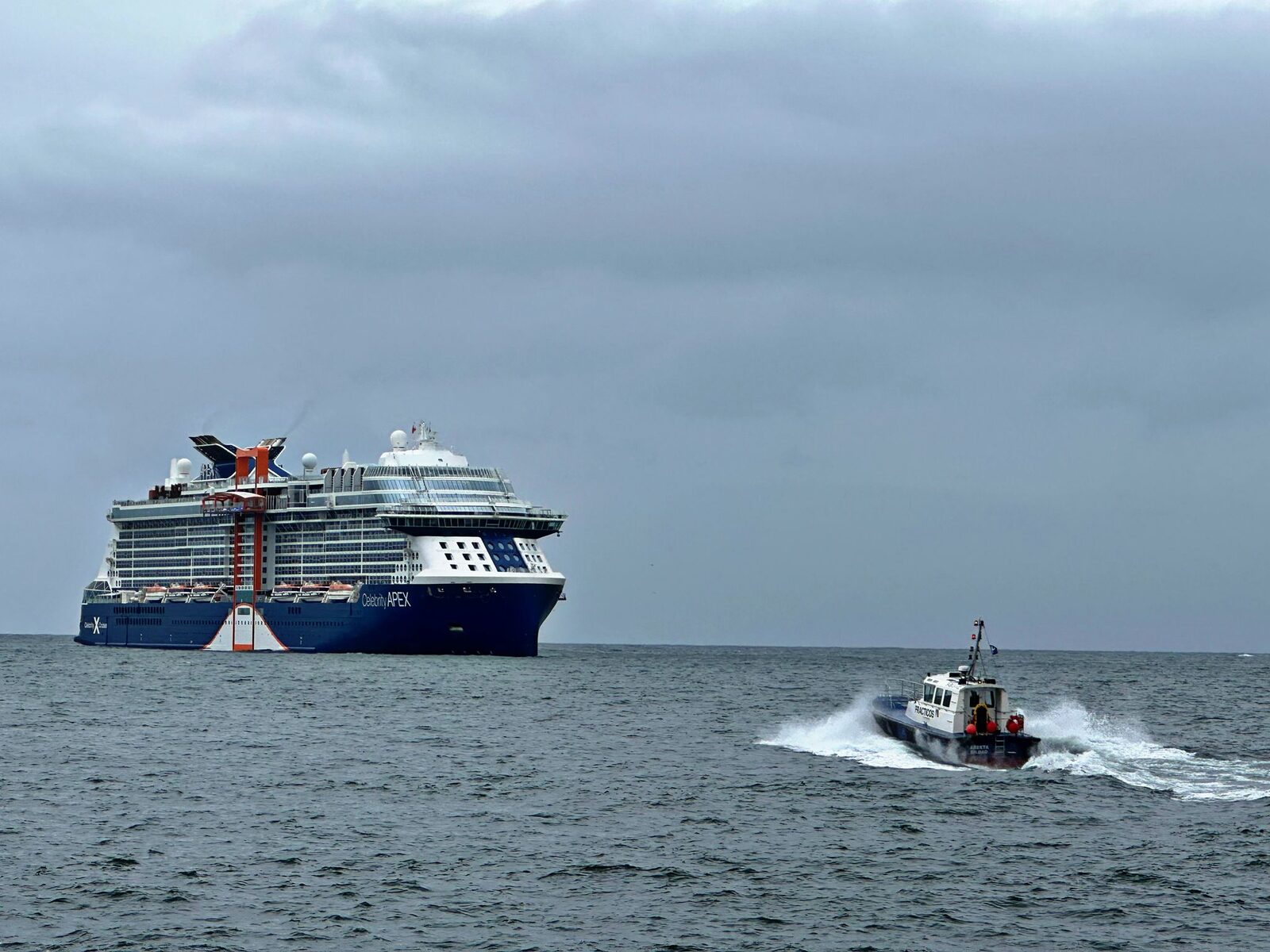 Lancha de practicaje junto a un crucero en El Abra